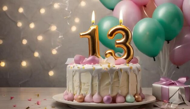 13th year birthday cake on isolated colorful pastel background
