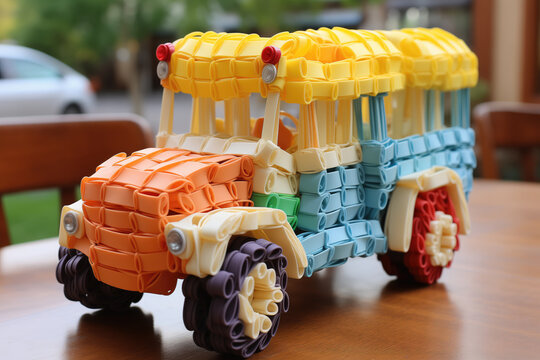 Colorful upcycled toy bus made from repurposed plastic. Generative AI image