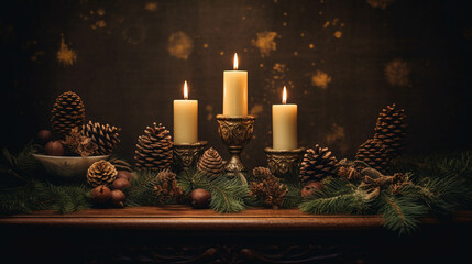 a collection of candles and pine cones on top of christmas tree, in the style of tabletop photography, dazzling chiaroscuro, 