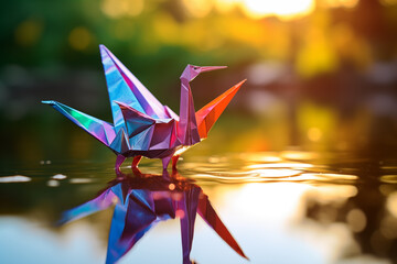 AI generative images Colorful origami bird made of used plastic and glass Upcycling concept
