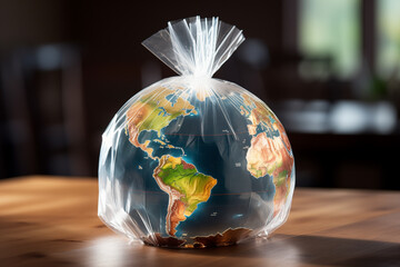 AI generative images Earth globe in transparent plastic bag put on the office table - obrazy, fototapety, plakaty