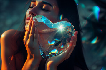 Obraz premium AI Generated Image Beautiful woman holding shining glass heart shape Women’s Day concept