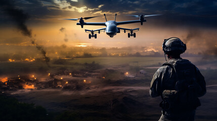 The Power of Drones. Modern Warfare. Military Drone - obrazy, fototapety, plakaty