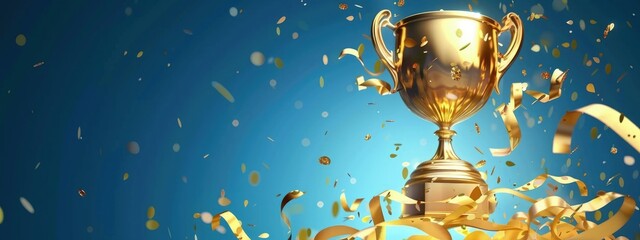Golden trophy with streamers, concept of business, competition, achievement, blue background.
