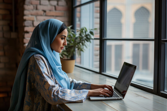 AI Generated Image Beautiful smiling ethnic businesswoman in traditional Muslim clothes works at the office