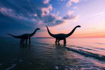 Fototapeta premium AI Generated Image. Two Sauropods standing in the calm sea