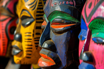 Naklejka premium AI Generated Image of colorful painted wooden masks of the Pan African tribal faces