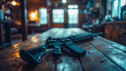 Modern Assault Rifle on Wooden Table - obrazy, fototapety, plakaty
