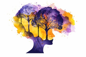 The concept of women's day with several trees growing out of the womanâ€™s hair and a brain silhouette in a watercolor paint style, on a white background. Purple and yellow colors were used. A vector 