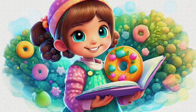 OIL PAINTING STYLE cartoon character cute baby hold book donuts isolated on white background, top view.