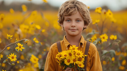 Niño en un campo de flores amarillas sujetando un ramo de flores - obrazy, fototapety, plakaty