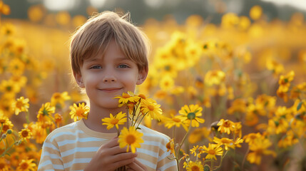 Niño en un campo de flores amarillas sujetando un ramo de flores - obrazy, fototapety, plakaty