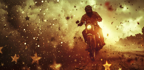 Motorcyclist Riding Through a Starlit Explosion, Adventure and Freedom Style, Dynamic Motion Concept, great for action-packed media and motivational themes - obrazy, fototapety, plakaty