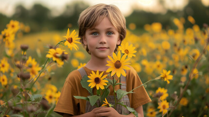 Niño en un campo de flores amarillas sujetando un ramo de flores