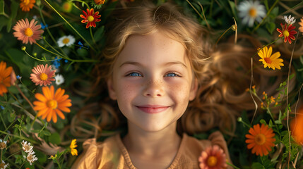 Retrato de una chica joven tumbada en el jardín entre flores - obrazy, fototapety, plakaty