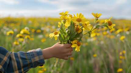 Imagen de cerca de la mano de un niño cogiendo flores amarillas en el campo - obrazy, fototapety, plakaty