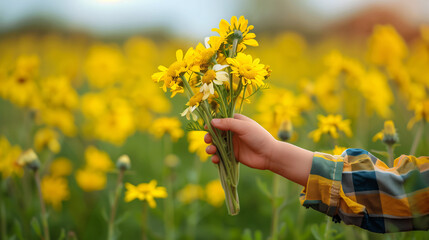 Imagen de cerca de la mano de un niño cogiendo flores amarillas en el campo - obrazy, fototapety, plakaty