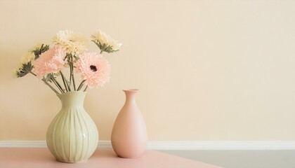 Vaso rosa e verde di fiori su sfondo pastello orizzontale generato con ai