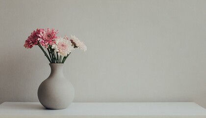 Vaso grigio di fiori su sfondo neutro orizzontale generato con ai