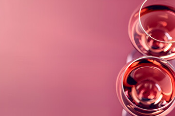 Rose wine glasses, selective focus, pink background, copy space. commercial banner. Abstract view of ros? wine glasses, purple background, free space. Creative top view shot of wine glasses