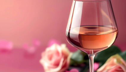 Rose wine banner. Elegant glass of rosé wine with blurred roses on purple background, copy space. Close-up of blush wine in a stem glass with floral background. Fine rose wine in crystal clear glass