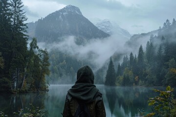 Person with hood in a forest with mountains and fog, fantasy and fiction concept. - obrazy, fototapety, plakaty
