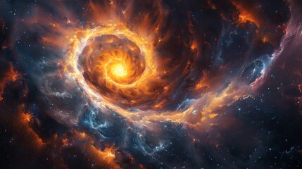 Stunning cosmic swirl in fiery orange and cold blue hues portrays an immersive galaxy scene