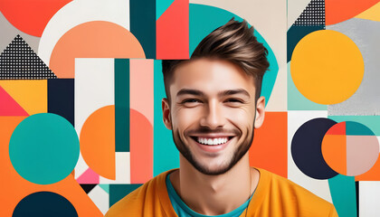 Joyful young adult male with a fashionable haircut, smiling against a vibrant geometric background, ideal for lifestyle and modern design themes