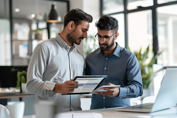 Obraz premium Two business men are having a conversation in the office with a tablet and papers discussing important matters