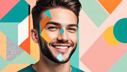 Smiling young man with graphic art elements, modern style portrait, ideal for lifestyle blogs and digital art concepts - obrazy, fototapety, plakaty