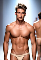 Fototapeta premium Confident young male model walking on the runway at a fashion show, projecting summer trends and swimwear, with a focus on fitness and healthy lifestyle