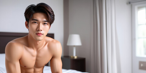 Handsome Asian man sitting shirtless in a bedroom setting, embodying concepts of lifestyle, fitness, and wellness, ideal for Valentine's Day promotions