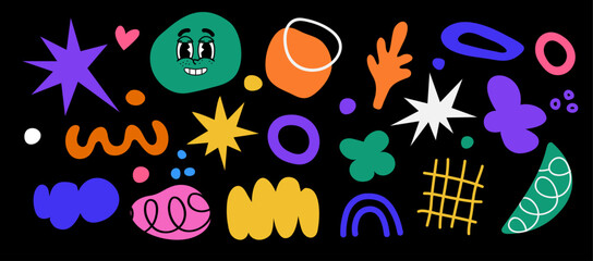 Set of abstract figures and shapes. Geometric figures. Vector illustration. Elements in hand drawn style. Groovy y2k forms. Doodles. Trendy modern stickers in 90s retro style. 2000s. Waves and flowers