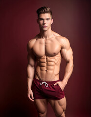 Fototapeta premium Fit muscular man posing confidently in maroon athletic shorts against a burgundy backdrop, ideal for fitness motivation and health-related content