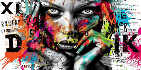Generative AI illustration womans face is covered in vibrant paint splatters against a backdrop of grunge, graffiti, and collage