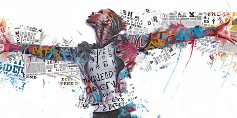 Generative AI illustration of artwork depicting a man with his arms extended in a grunge background filled with graffiti and collage elements