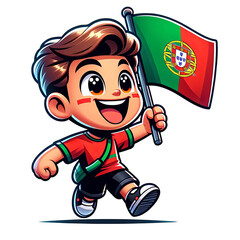 Animated joyful child character in sports attire proudly carrying the Portuguese flag, representing national pride or Portugal Day celebrations