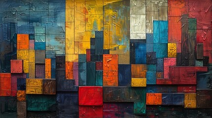 Vibrant abstract cityscape painting with textured multi-colored blocks - obrazy, fototapety, plakaty
