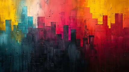 Vibrant abstract cityscape painting with textured multi-colored blocks