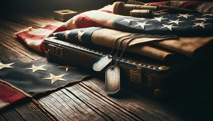 Vintage American flag draped over a suitcase with military dog tags, symbolizing Veterans Day, Memorial Day, and patriotic military service - obrazy, fototapety, plakaty