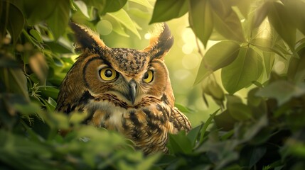 Obraz premium Enchanted Forest Encounter with a Horned Owl - This Super Realistic Image Presents a Horned Owl Nestled Amongst the Lush Greens of an Enchanted Forest.
