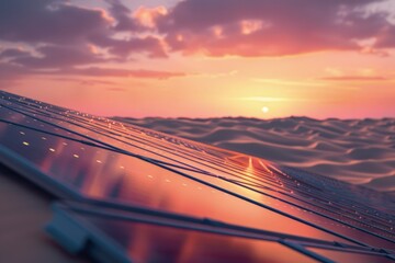 Solar panels on sand dunes, sunset in the background, concept of renewable energy, solar energy, clean energy. - obrazy, fototapety, plakaty