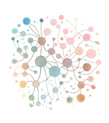 Fototapeta na wymiar Abstract watercolor networking concept illustration with pastel colored circles connected by lines, suitable for technology, science, and social media themes