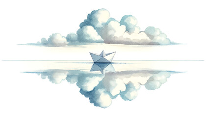 Serene watercolor illustration featuring a paper boat on tranquil water with fluffy clouds, ideal for concepts of journey, peace, and imagination-themed projects - obrazy, fototapety, plakaty