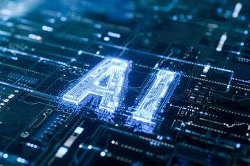 Obraz premium Generative AI illustration of detailed view of a circuit board with AI lettering, symbolizing the integration of artificial intelligence with technology