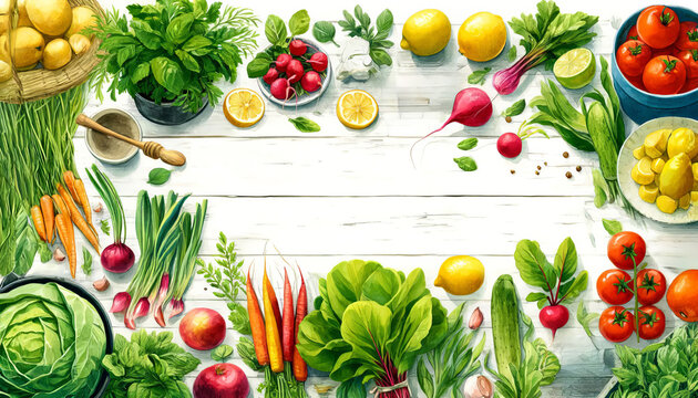 Assorted fresh vegetables and fruits on a rustic white wooden background, ideal for healthy eating, vegetarian recipes, and nutrition-related content