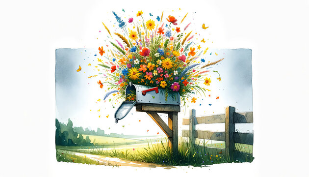 Bursting with vibrant wildflowers, this illustrated rural mailbox evokes the joy of spring and the spirit of Mother's Day