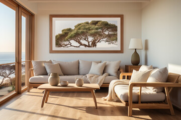 Cozy Beachfront Living Room Interior with Ocean View. Generative AI image