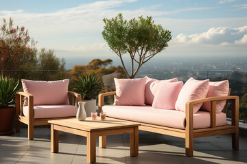 Obraz premium Elegant outdoor furniture set on a scenic terrace. Generative AI image