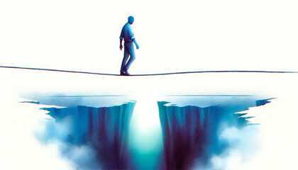 Conceptual image of a person tightrope walking over a precipice, depicting risk, challenge, and determination, ideal for business and motivational themes - obrazy, fototapety, plakaty